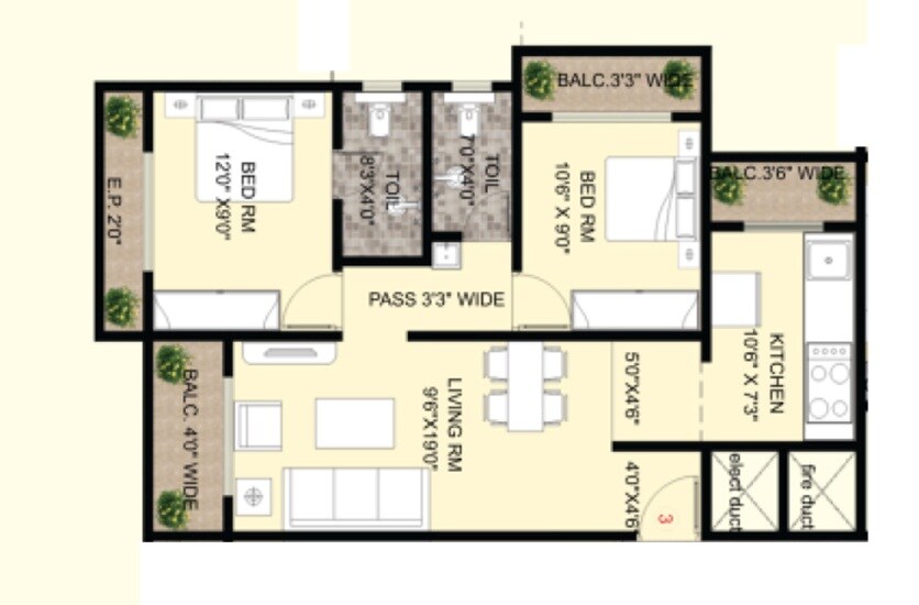 Floor plan of 2 BHK 750 Sq. Ft. Apartment in Gurudev Orchid, Thane
