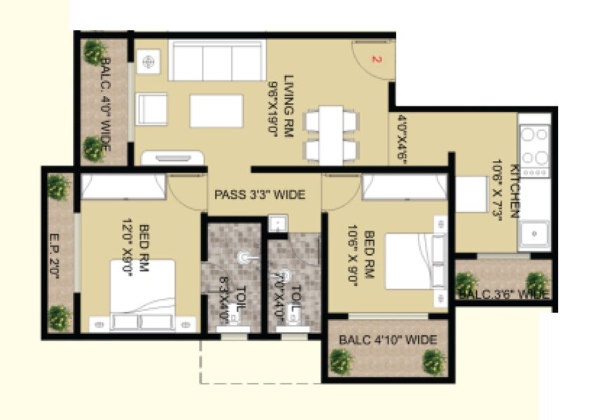 Floor plan of 2 BHK 758 Sq. Ft. Apartment in Gurudev Orchid, Thane