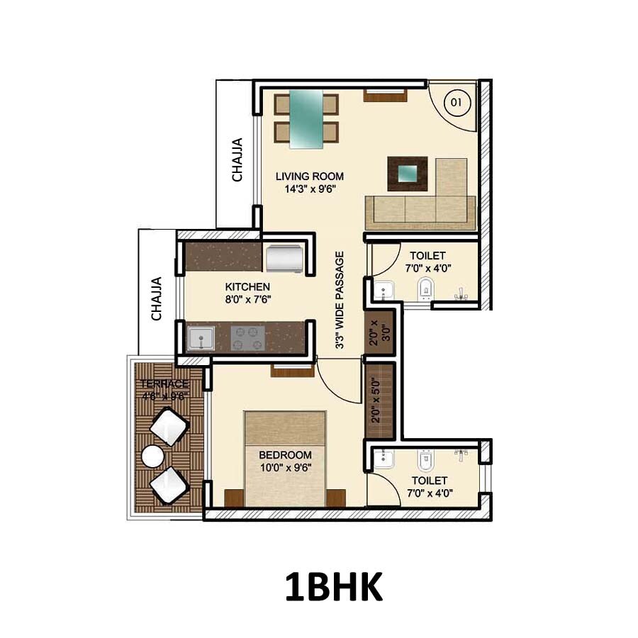 Floor plan of 1 BHK 381 Sq. Ft. Apartment in Gurukrupa Amber Vista, Thane