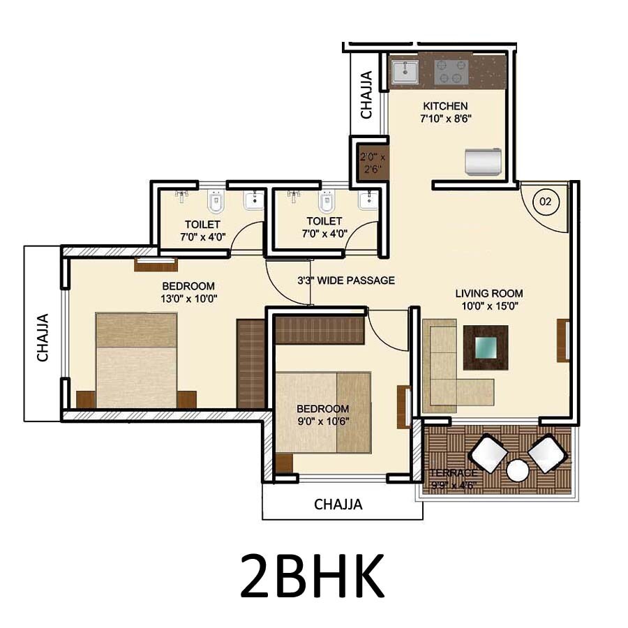 Floor plan of 2 BHK 521 Sq. Ft. Apartment in Gurukrupa Amber Vista, Thane
