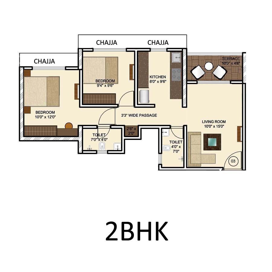 Floor plan of 2 BHK 531 Sq. Ft. Apartment in Gurukrupa Amber Vista, Thane