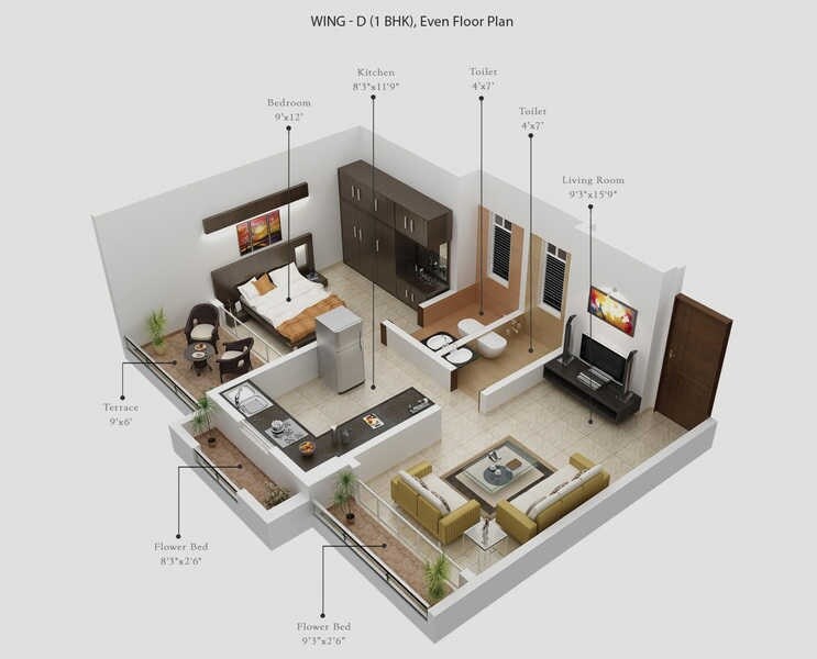 Floor plan of 1 BHK 695 Sq. Ft. Apartment in Gurukrupa Guru Atman, Thane