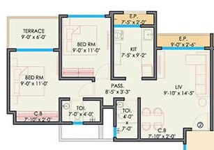 Floor plan of 2 BHK 900 Sq. Ft. Apartment in Gurukrupa Guru Atman, Thane