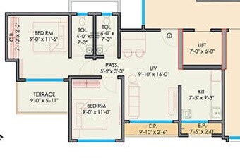 Floor plan of 2 BHK 970 Sq. Ft. Apartment in Gurukrupa Guru Atman, Thane