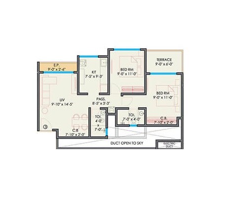 Floor plan of 2 BHK 619 Sq. Ft. Apartment in Gurukrupa Guru Atman Phase 2, Thane