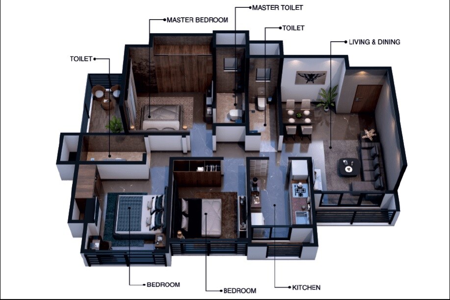 Floor plan of 2 BHK 676 Sq. Ft. Apartment in Gurukrupa Guru Atman Phase 2, Thane