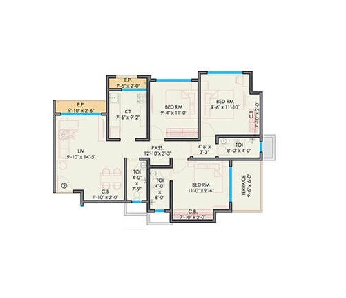 Floor plan of 3 BHK 818 Sq. Ft. Apartment in Gurukrupa Guru Atman Phase 2, Thane