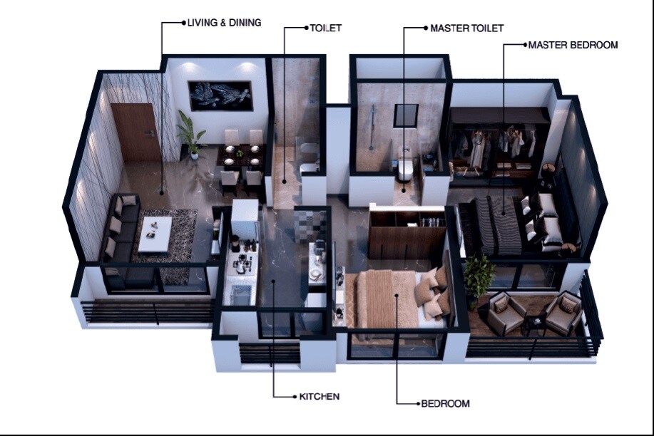 Floor plan of 3 BHK 880 Sq. Ft. Apartment in Gurukrupa Guru Atman Phase 2, Thane