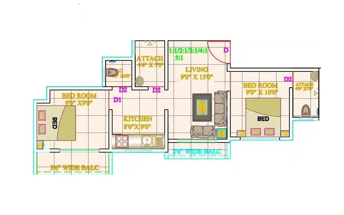 Floor plan of 2 BHK 535 Sq. Ft. Apartment in Hallmark Ozone Galaxy, Thane
