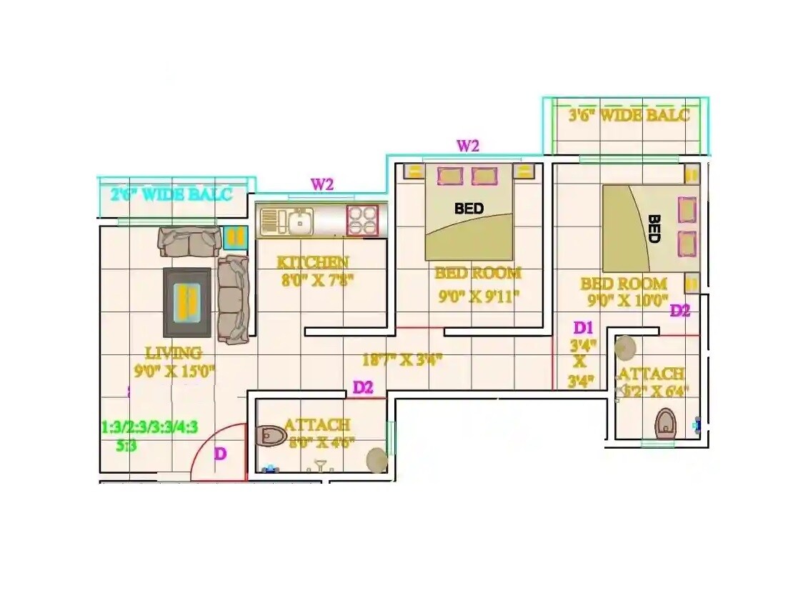 Floor plan of 2 BHK 600 Sq. Ft. Apartment in Hallmark Ozone Galaxy, Thane