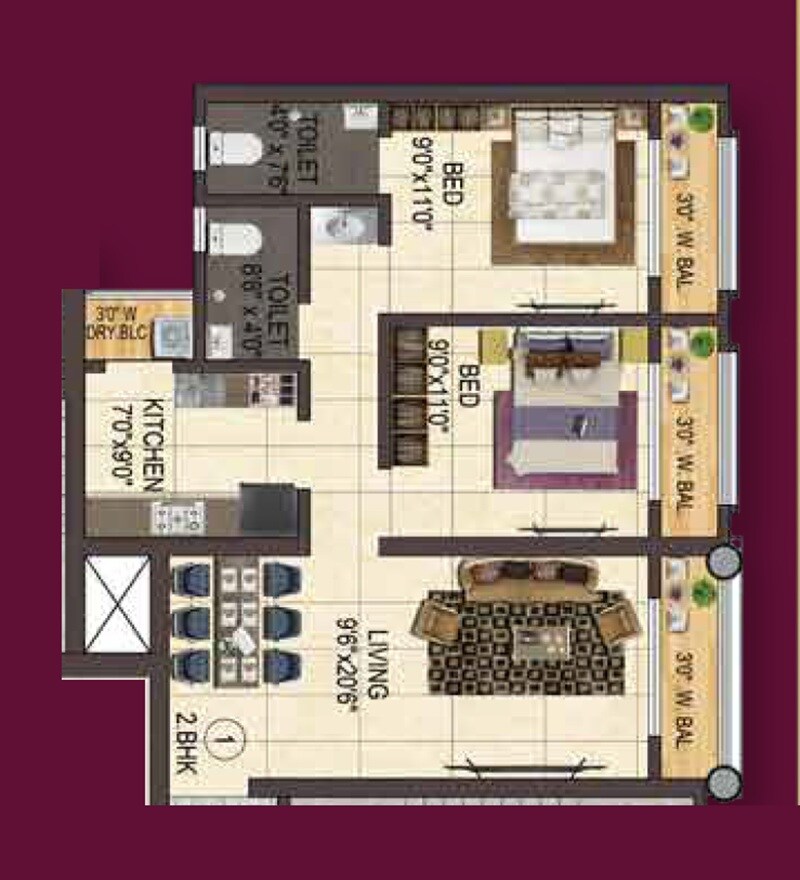 Floor plan of 2 BHK 694 Sq. Ft. Apartment in Hamud One, Thane