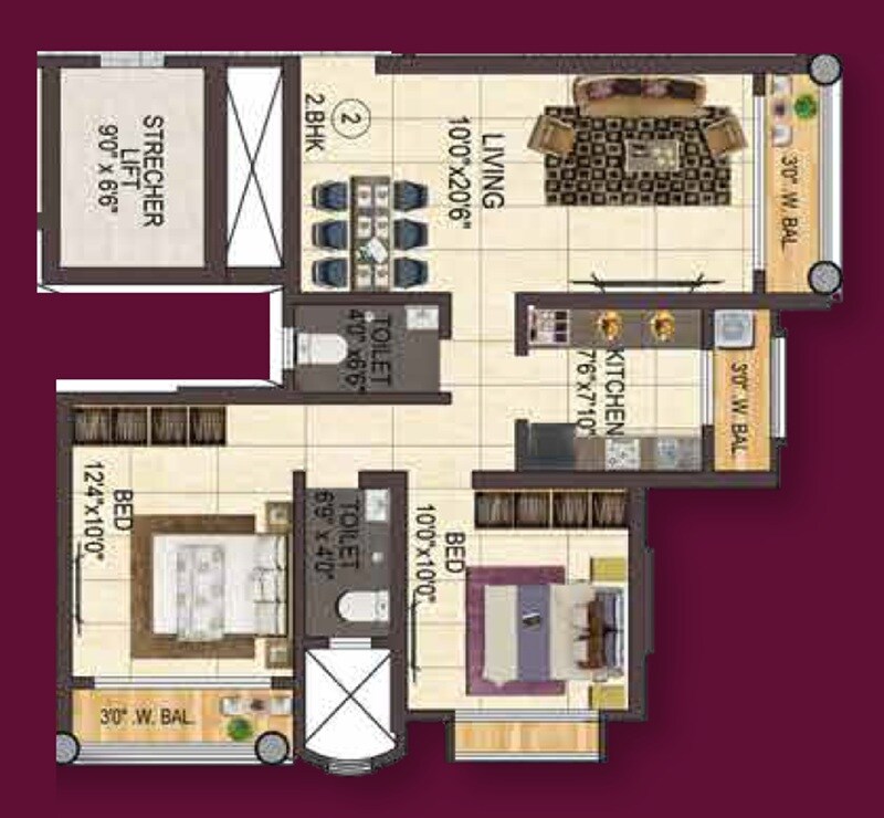 Floor plan of 2 BHK 717 Sq. Ft. Apartment in Hamud One, Thane