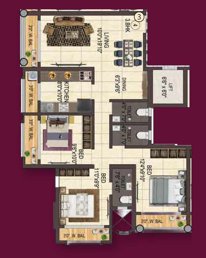 Floor plan of 3 BHK 1020 Sq. Ft. Apartment in Hamud One, Thane