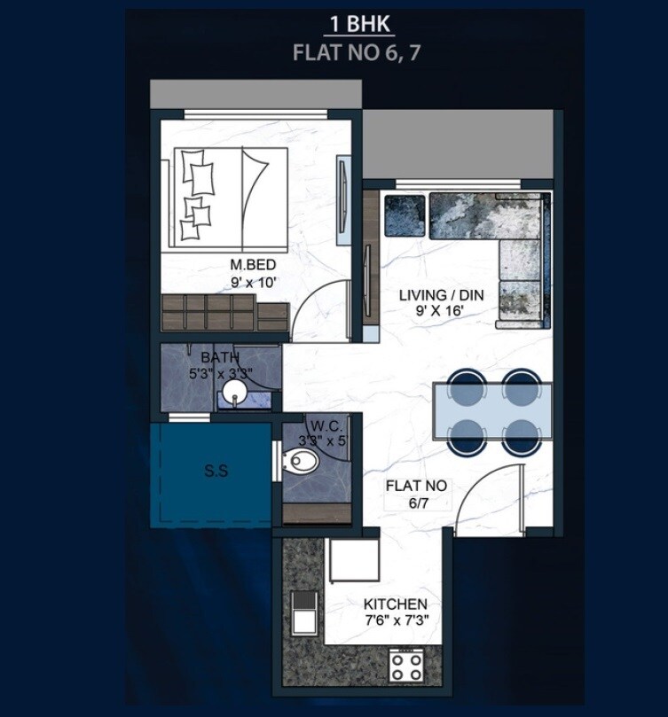Floor plan of 1 BHK 381 Sq. Ft. Apartment in Happy Home Sarvoday Marvel, Thane