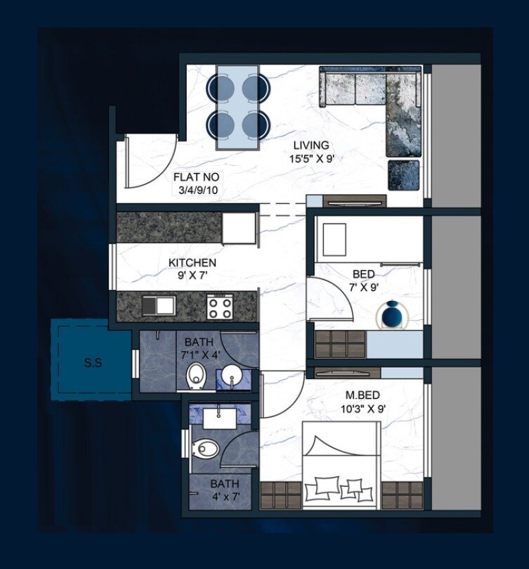 Floor plan of 2 BHK 636 Sq. Ft. Apartment in Happy Home Sarvoday Marvel, Thane