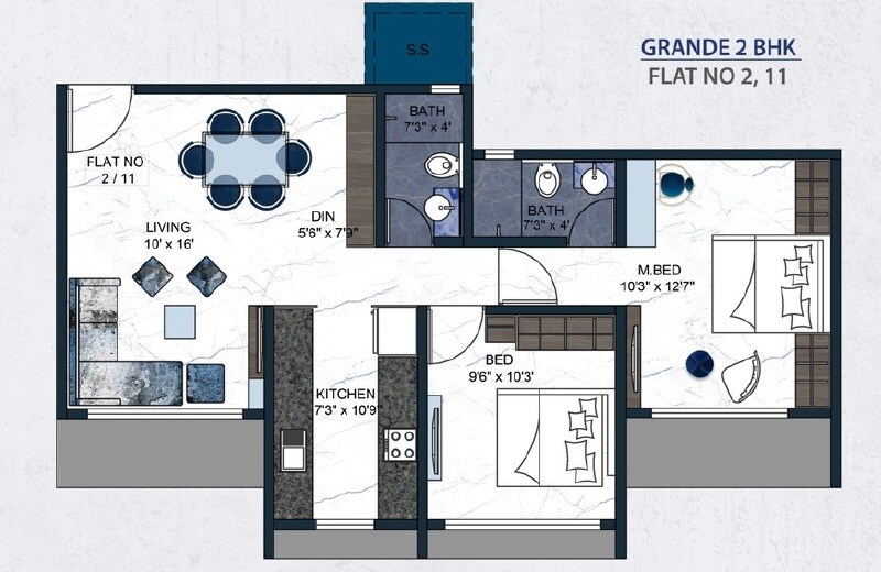 Floor plan of 2 BHK 661 Sq. Ft. Apartment in Happy Home Sarvoday Marvel, Thane