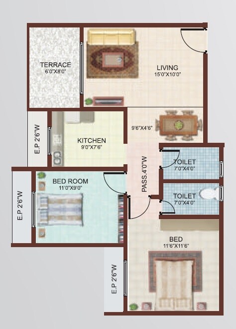 Floor plan of 1 BHK 765 Sq. Ft. Apartment in Happy Home Sarvodaya Leela, Thane