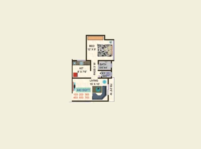 Floor plan of 1 BHK 440 Sq. Ft. Apartment in Happy Home Sarvodaya Swaroop, Thane