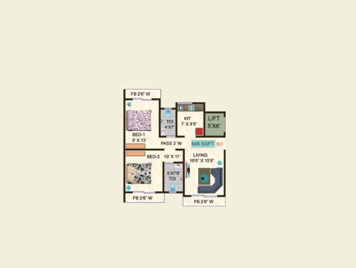 2 BHK 645 Sq. Ft. Apartment