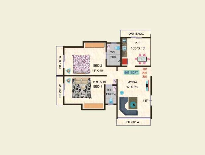 2 BHK 905 Sq. Ft. Apartment