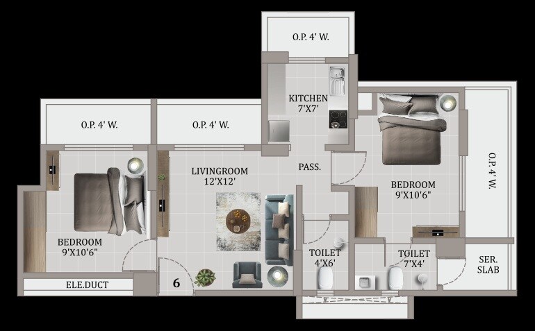 Floor plan of 2 BHK 664 Sq. Ft. Apartment in Happy Sarvoday Greens, Thane