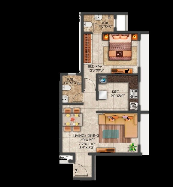Floor plan of 1 BHK 500 Sq. Ft. Apartment in Hari Om Sai Dwarka Residency, Thane