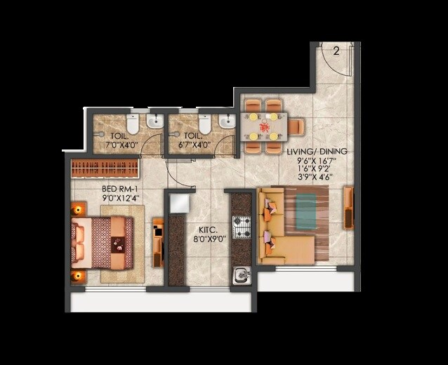 Floor plan of 1 BHK 525 Sq. Ft. Apartment in Hari Om Sai Dwarka Residency, Thane