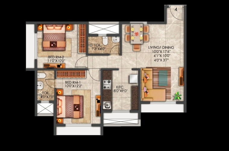 Floor plan of 2 BHK 631 Sq. Ft. Apartment in Hari Om Sai Dwarka Residency, Thane