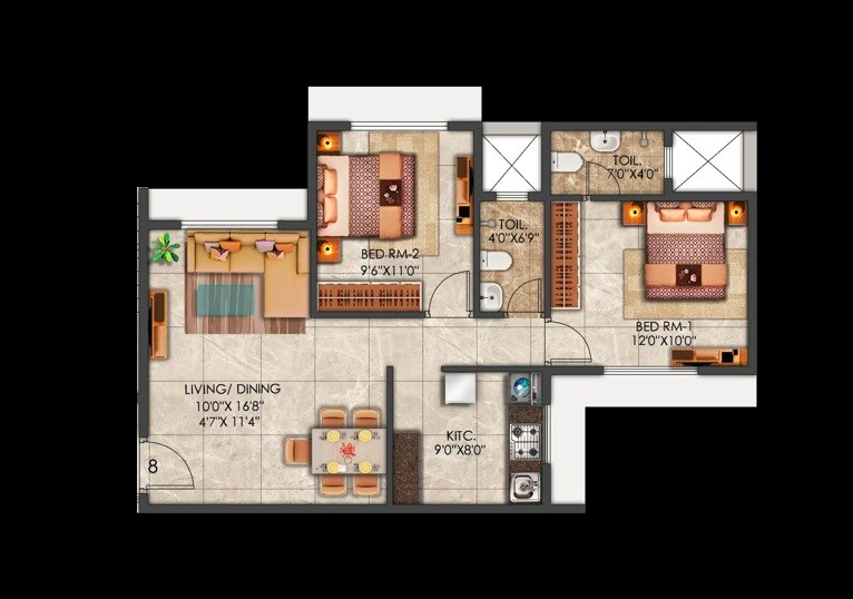 Floor plan of 2 BHK 805 Sq. Ft. Apartment in Hari Om Sai Dwarka Residency, Thane