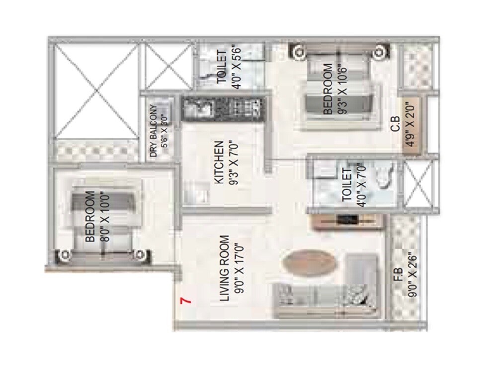 Floor plan of 2 BHK 513 Sq. Ft. Apartment in Harmain Central Park, Thane