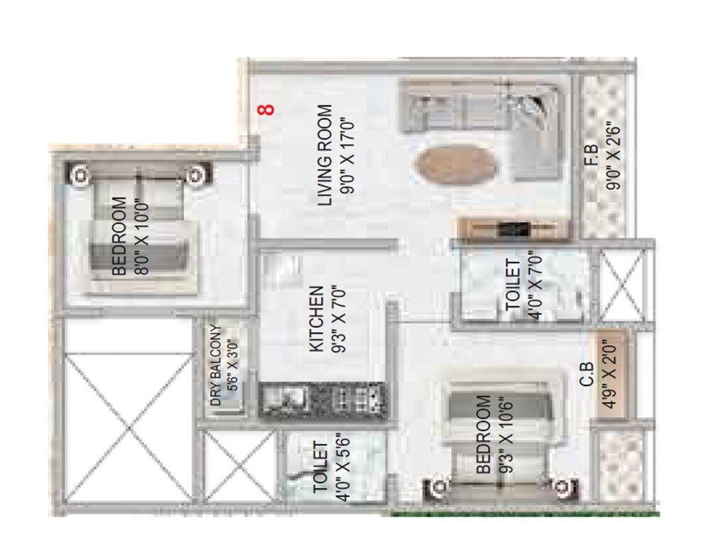 Floor plan of 2 BHK 617 Sq. Ft. Apartment in Harmain Central Park, Thane