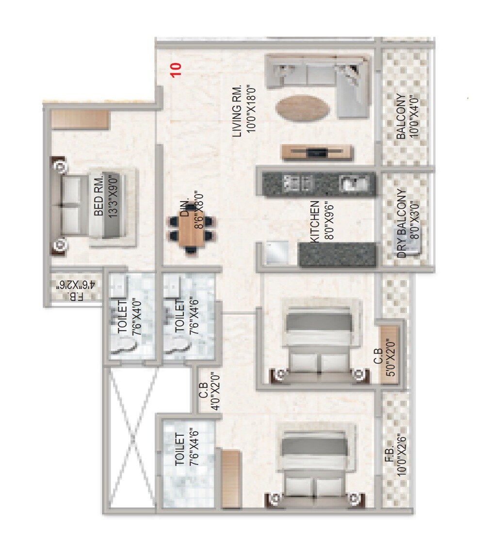 Floor plan of 3 BHK 844 Sq. Ft. Apartment in Harmain Central Park, Thane