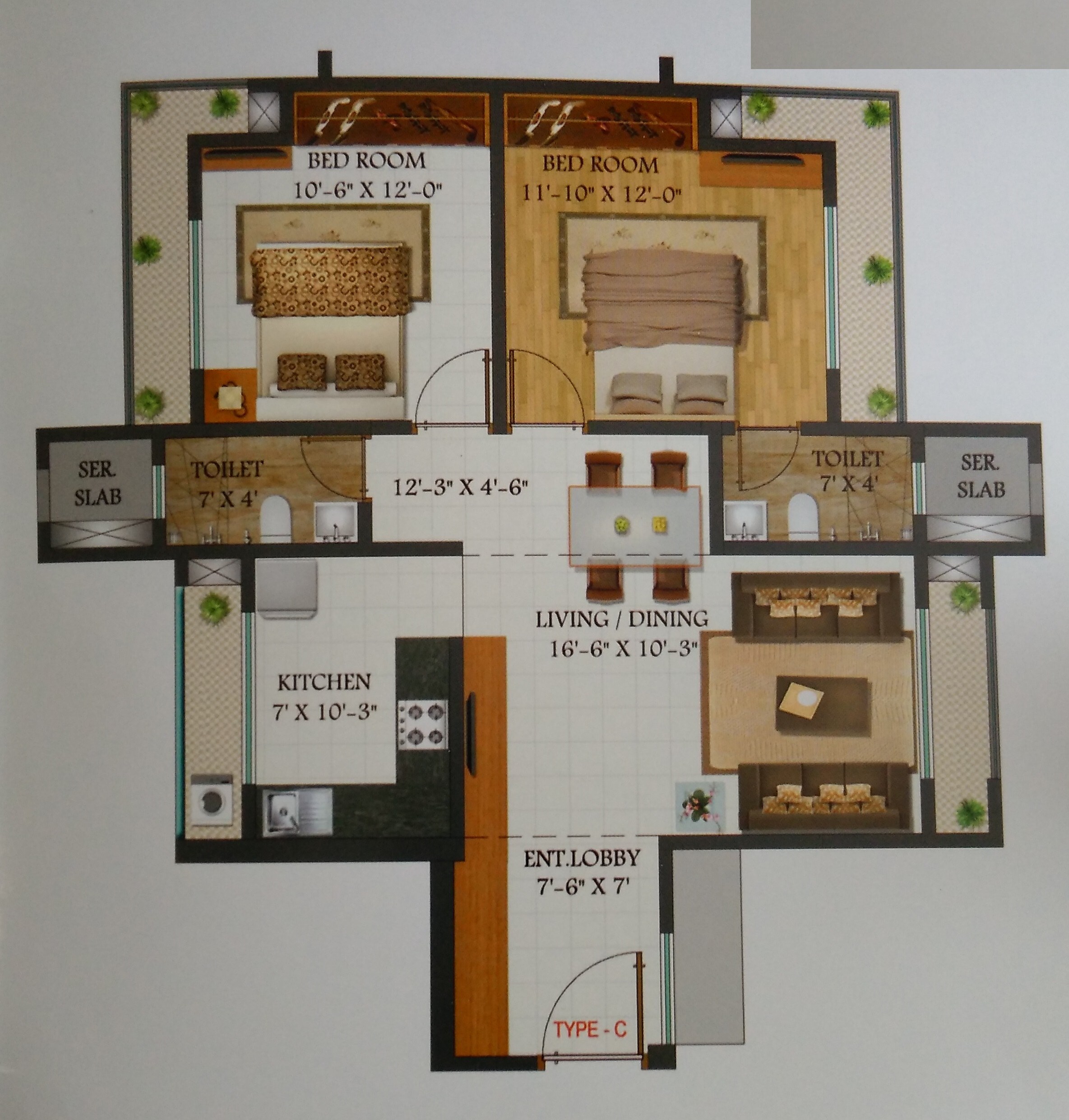 Floor plan of 2 BHK 670 Sq. Ft. Apartment in Harmony Signature Towers, Thane