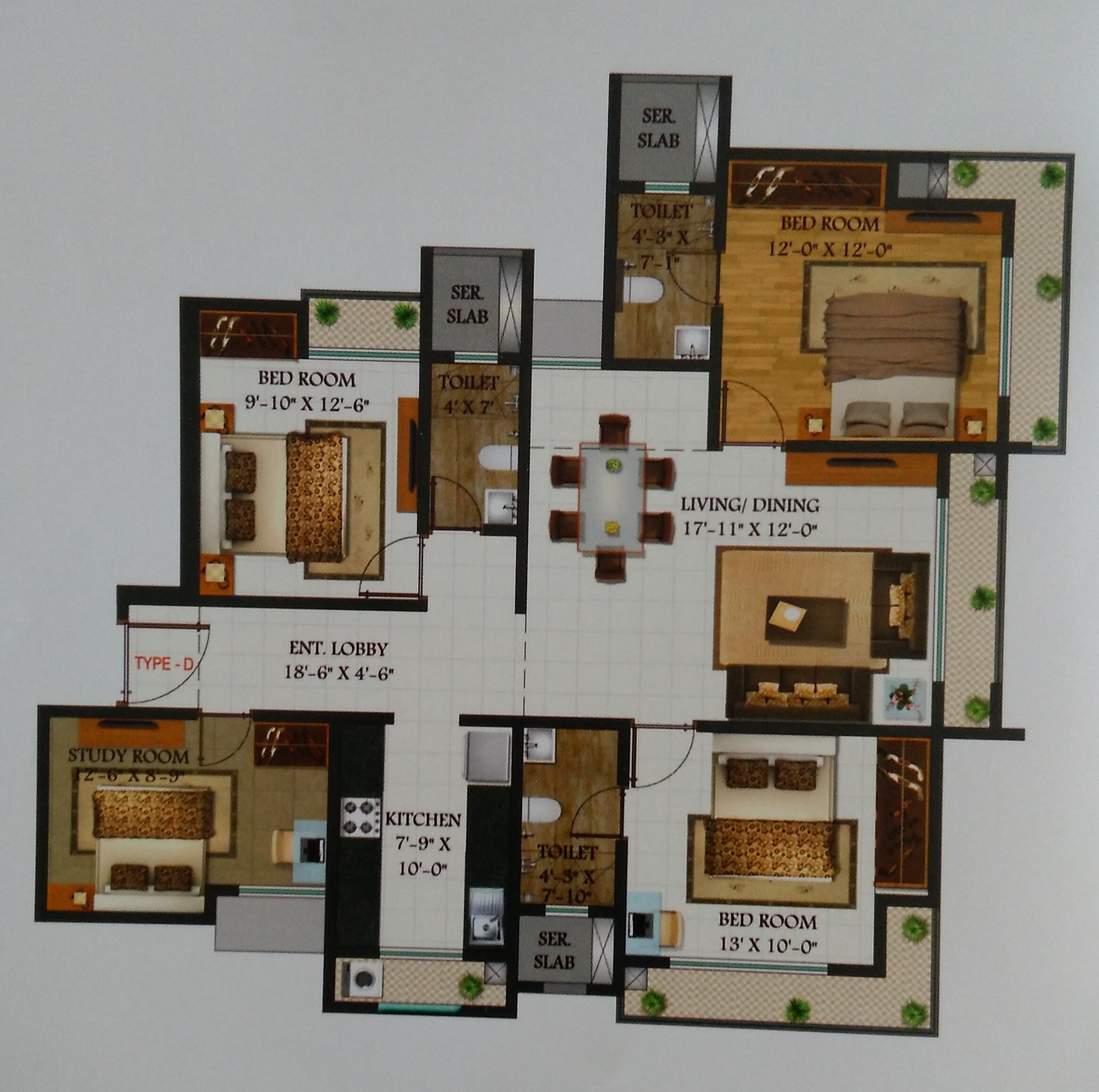 Floor plan of 4 BHK 1048 Sq. Ft. Apartment in Harmony Signature Towers, Thane