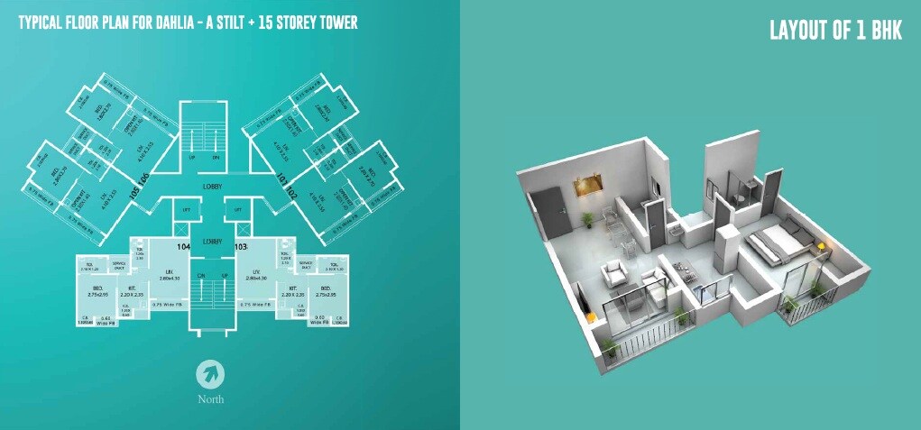Floor plan of 1 BHK 311 Sq. Ft. Apartment in Haware Dahlia, Thane