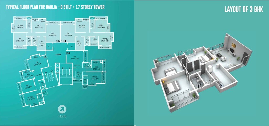 Floor plan of 3 BHK 677 Sq. Ft. Apartment in Haware Dahlia, Thane