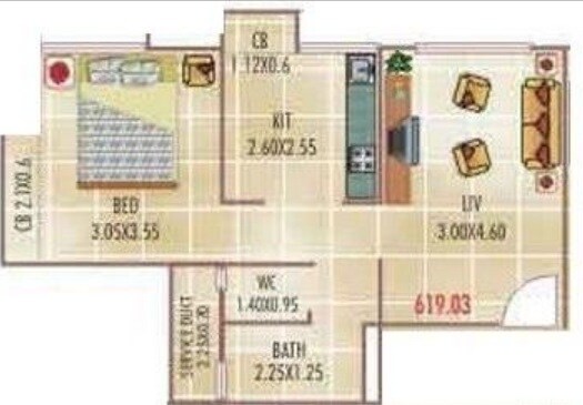 Floor plan of 1 BHK 619 Sq. Ft. Apartment in Haware Estate, Thane