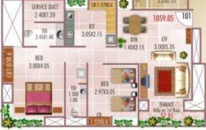 Floor plan of 2 BHK 1059 Sq. Ft. Apartment in Haware Estate, Thane