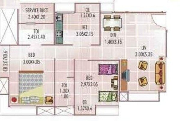 Floor plan of 2 BHK 926 Sq. Ft. Apartment in Haware Estate, Thane