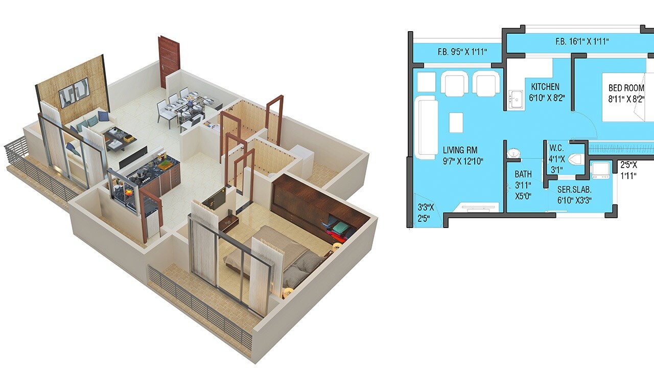 Floor plan of 1 BHK 410 Sq. Ft. Apartment in Haware Paradise, Thane