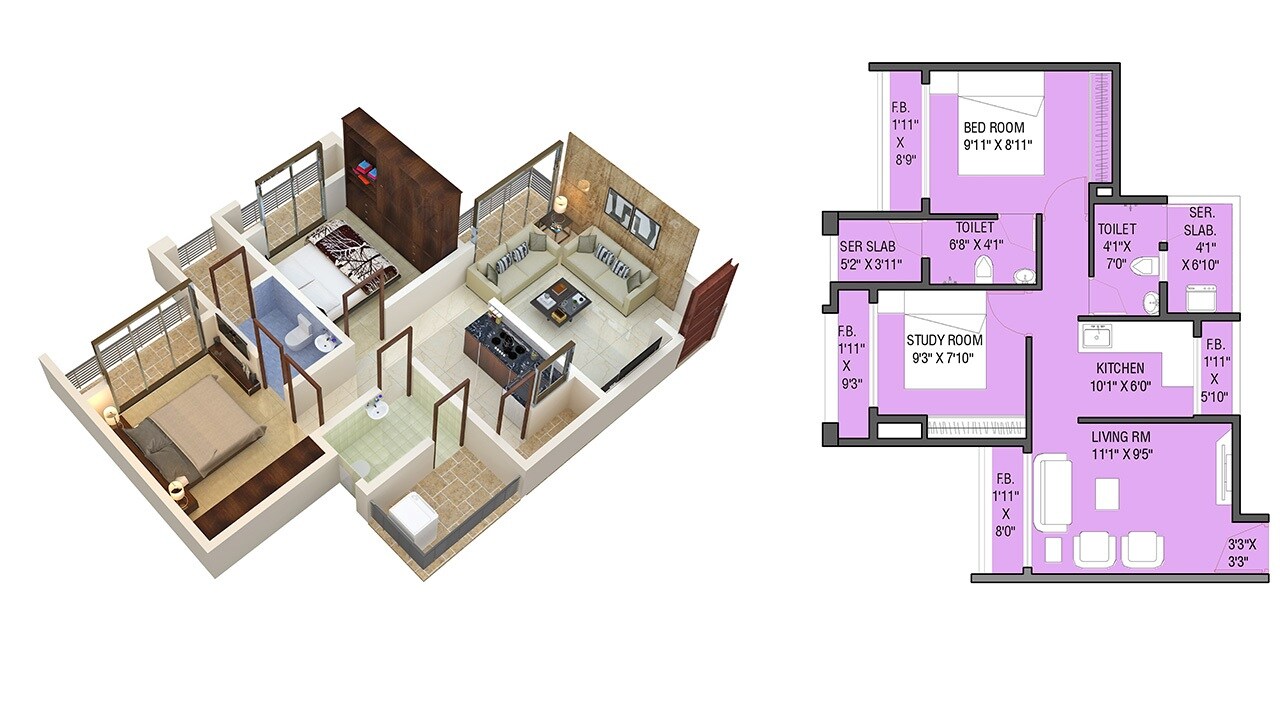 Floor plan of 2 BHK 569 Sq. Ft. Apartment in Haware Paradise, Thane