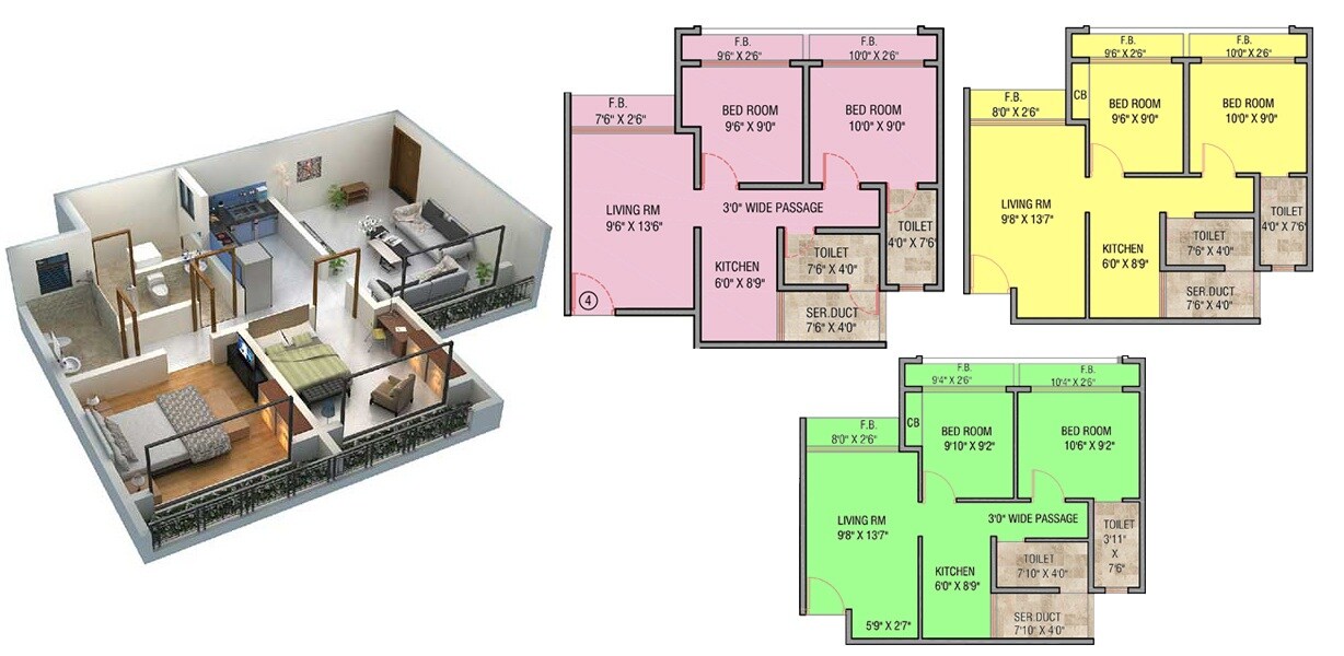 Floor plan of 2 BHK 584 Sq. Ft. Apartment in Haware Pinnacle, Thane