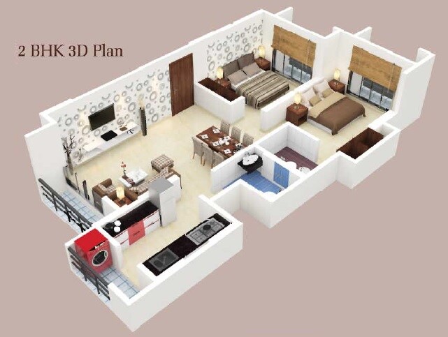 Floor plan of 2 BHK 577 Sq. Ft. Apartment in Heena Presidency, Thane