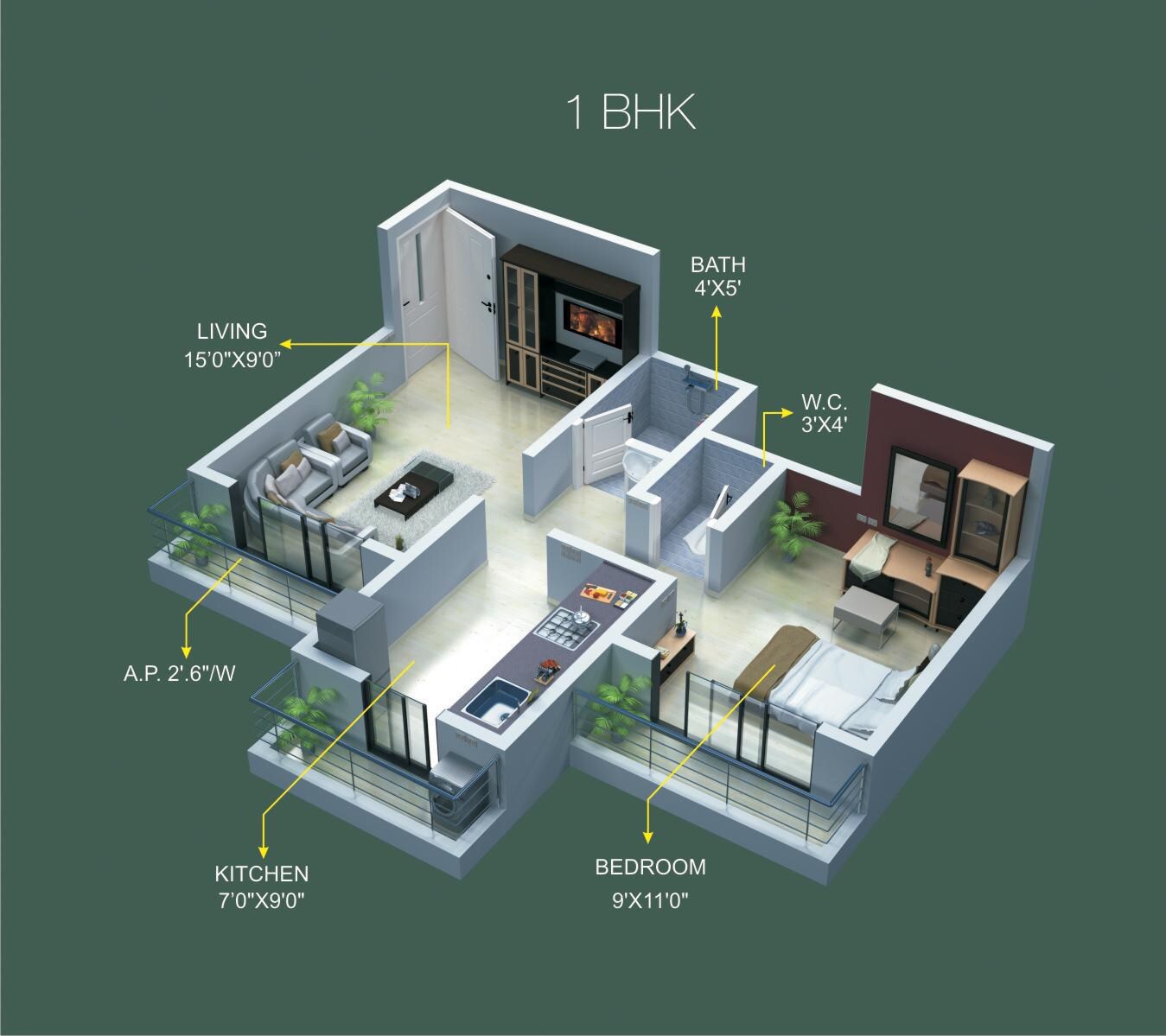 Floor plan of 1 BHK 332 Sq. Ft. Apartment in Heramb Park, Thane