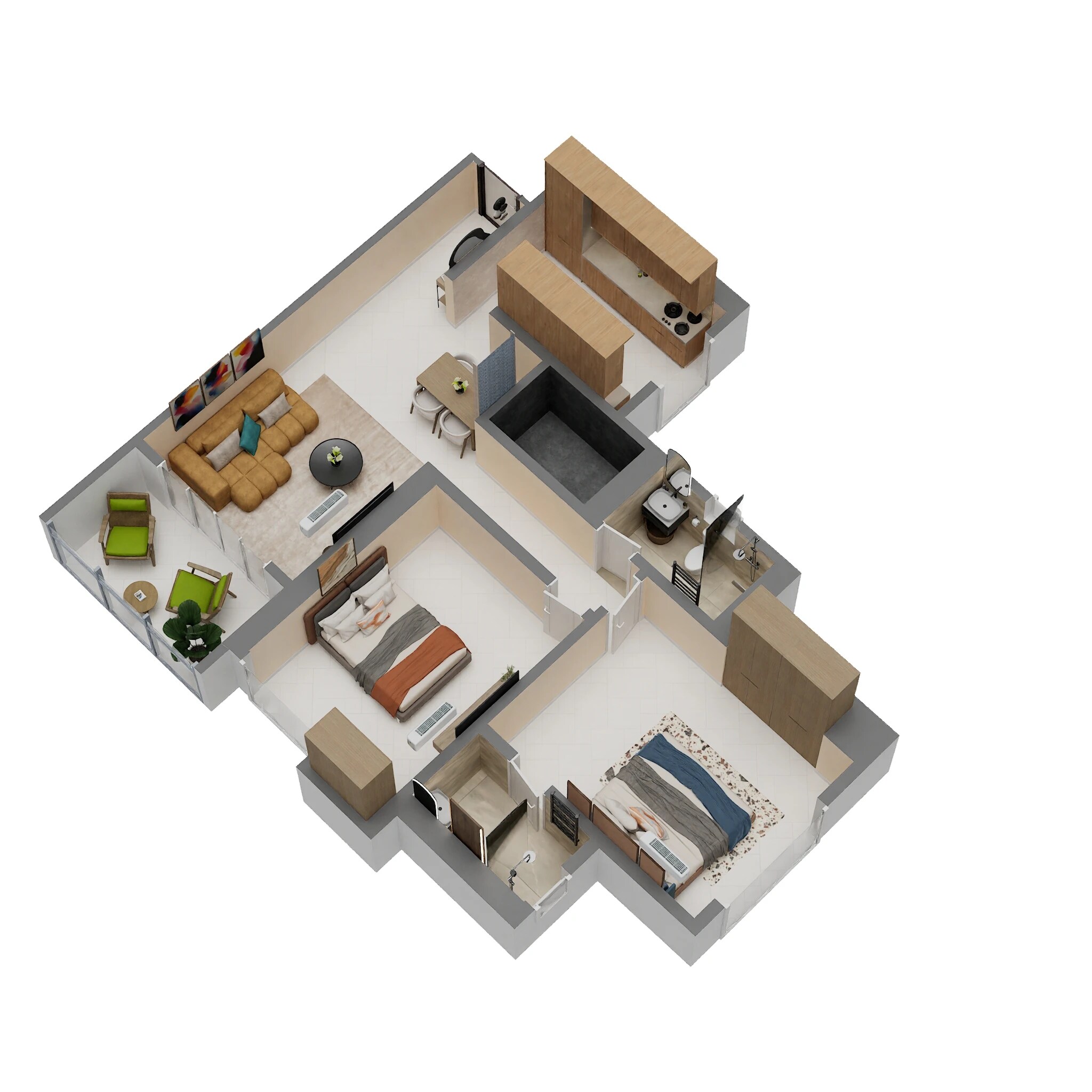 Floor plan of 2 BHK 886 Sq. Ft. Apartment in Highland Sky Towers, Thane