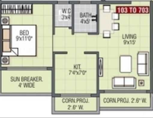 Floor plan of 1 BHK Apartment - 308 sq. ft. in Himanshu Mount View, Thane