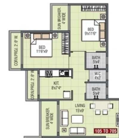 Floor plan of 2 BHK Apartment - 325 sq. ft. in Himanshu Mount View, Thane