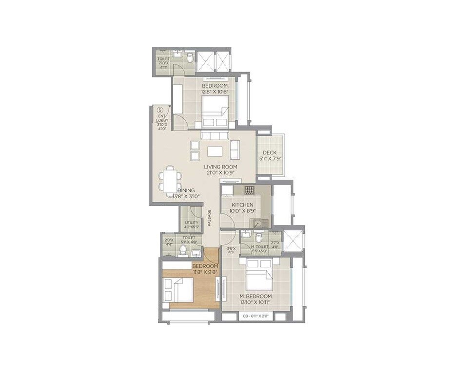 Floor plan of 3 BHK 1525 Sq. Ft. Apartment in Hiranandani Acacia, Thane