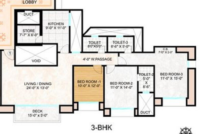 Floor plan of 3 BHK 1292 Sq. Ft. Apartment in Hiranandani Annora, Thane