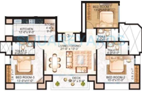 Floor plan of 3 BHK 1650 Sq. Ft. Apartment in Hiranandani Arlington, Thane